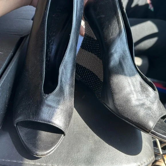 Burberry Black Leather Peep Toe Heels - Picture 2 of 8